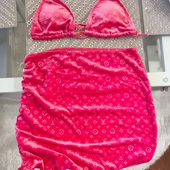 💗 LOUIS VUITTON Monogram LV Velvet Hot Pink Bikini & Skirt Swim Swimsuit NEW M - Picture 4 of 12